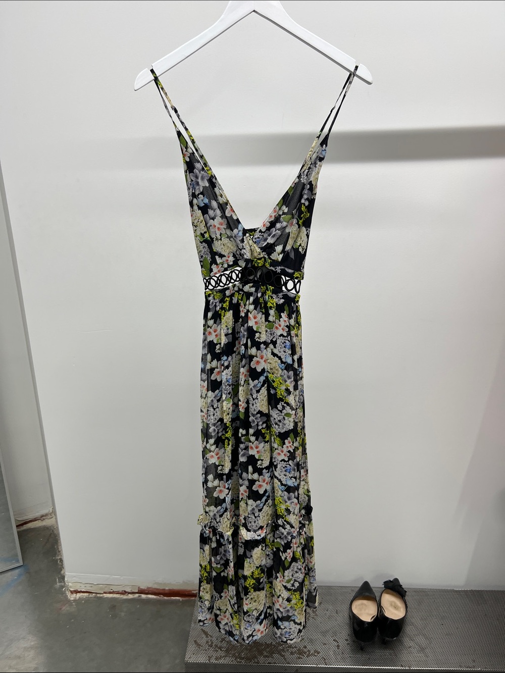 Marissa Webb 100% Silk Black Floral V-Neck Maxi Dress